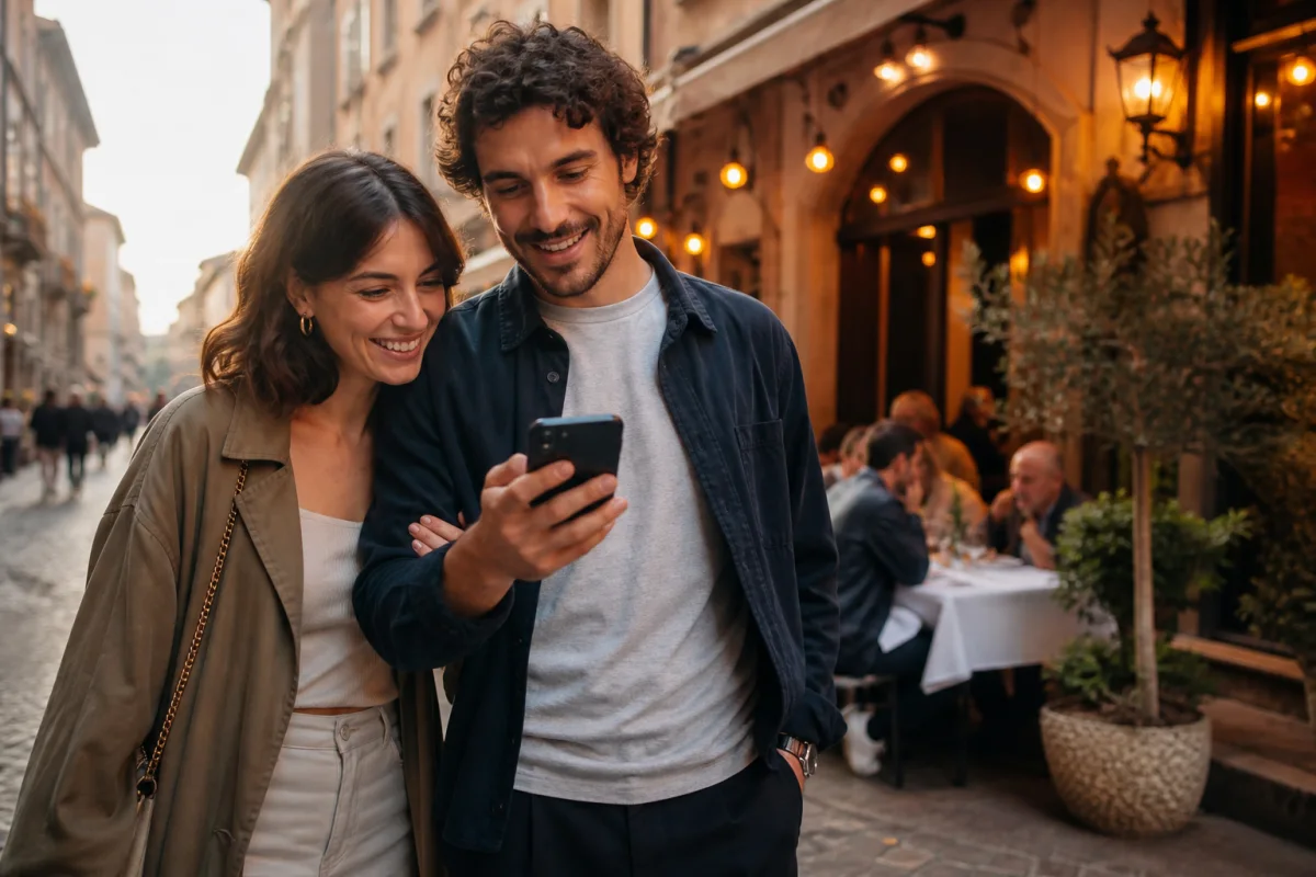 Coppia che trova e prenota un ristorante con Listeoo