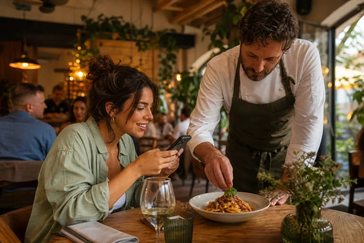 Food creator che fotografa un piatto insieme allo chef